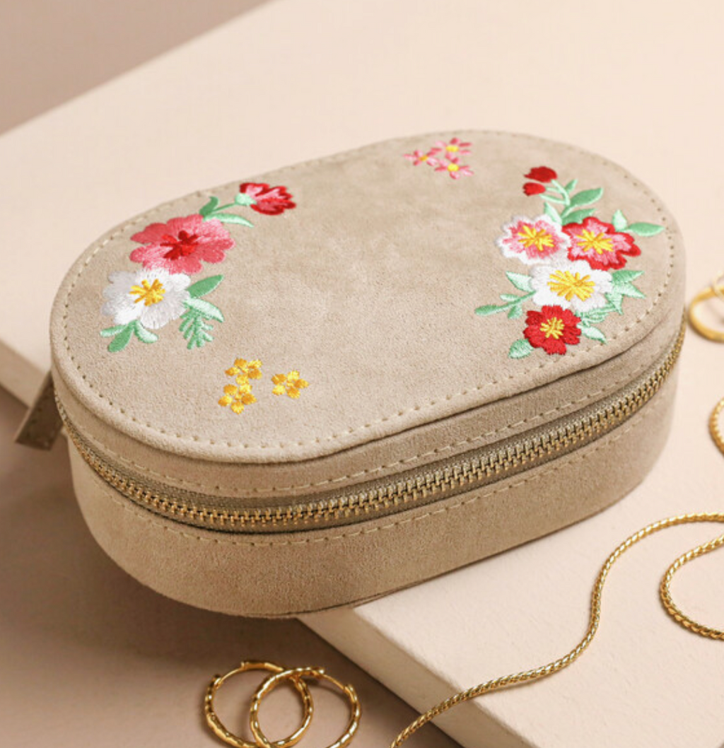Embroidered Flowers Oval Jewelry Box