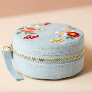 Embroidered Flowers Mini Round Velvet Jewelry Case