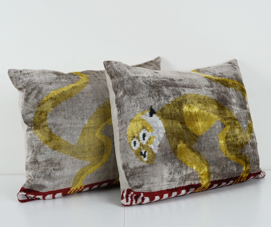 Ikat Monkey Silk Velvet Pillow
